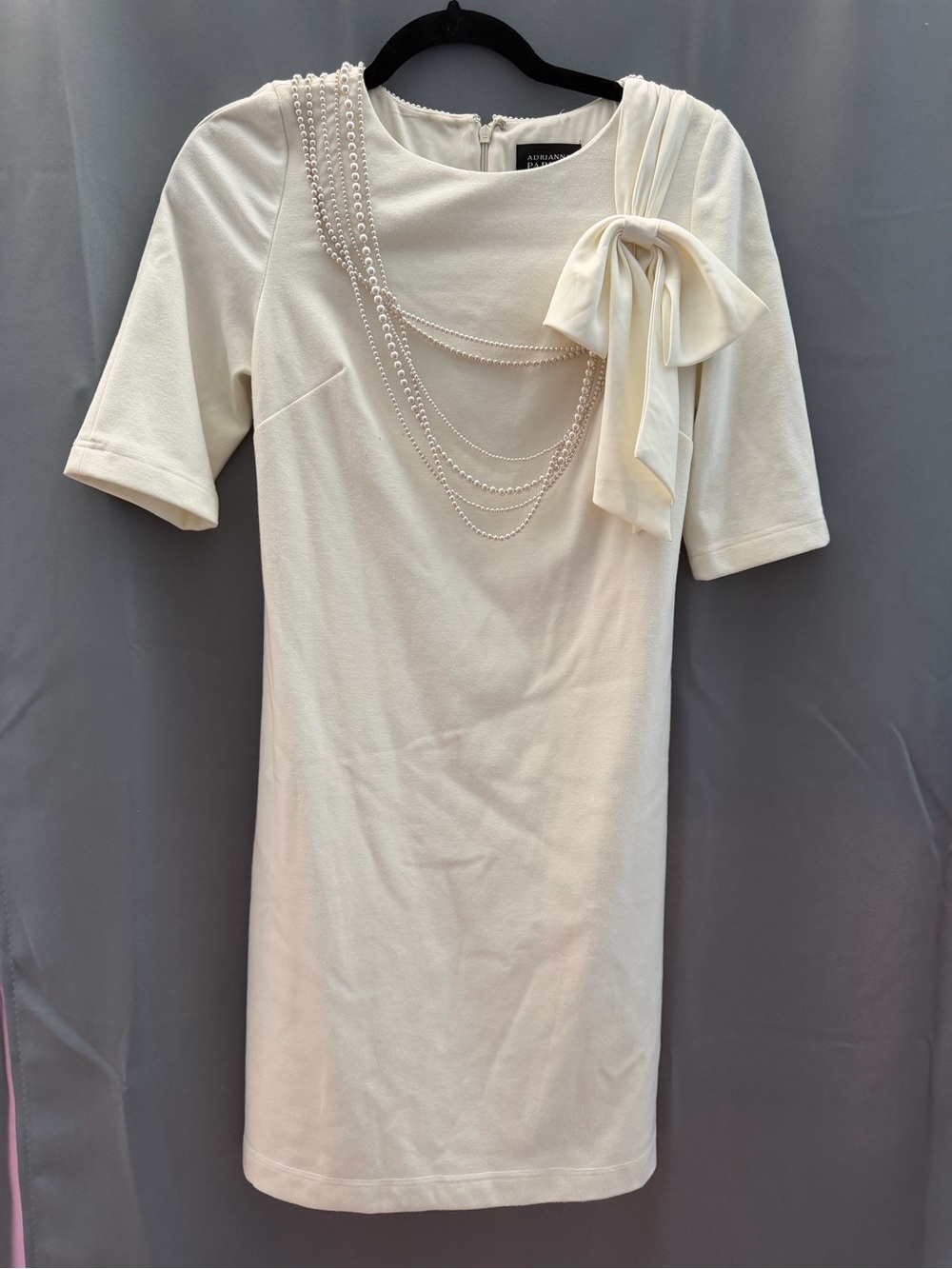 Adrianna Papell Ivory Bow-Accent Shift Dress with Faux-Pearl Chains